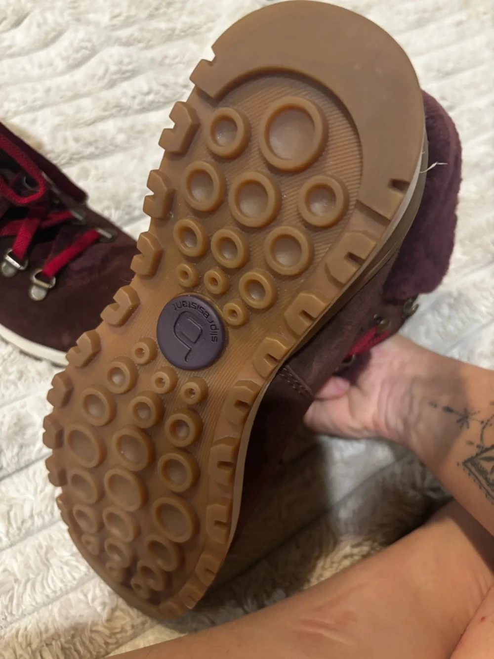 Women's Burgundy Suede Fur-Trim Lace-Up Boots new . No box
